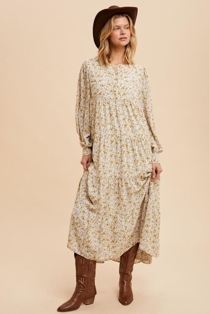 Yellow Floral Printed Tiered Long Sleeve Maternity Maxi Dress - Image 4