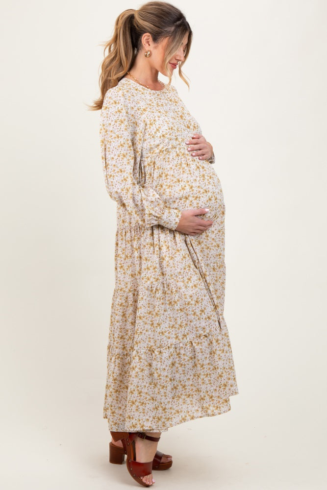Yellow Floral Printed Tiered Long Sleeve Maternity Maxi Dress - Image 2