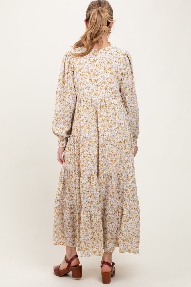 Yellow Floral Printed Tiered Long Sleeve Maternity Maxi Dress - Image 3