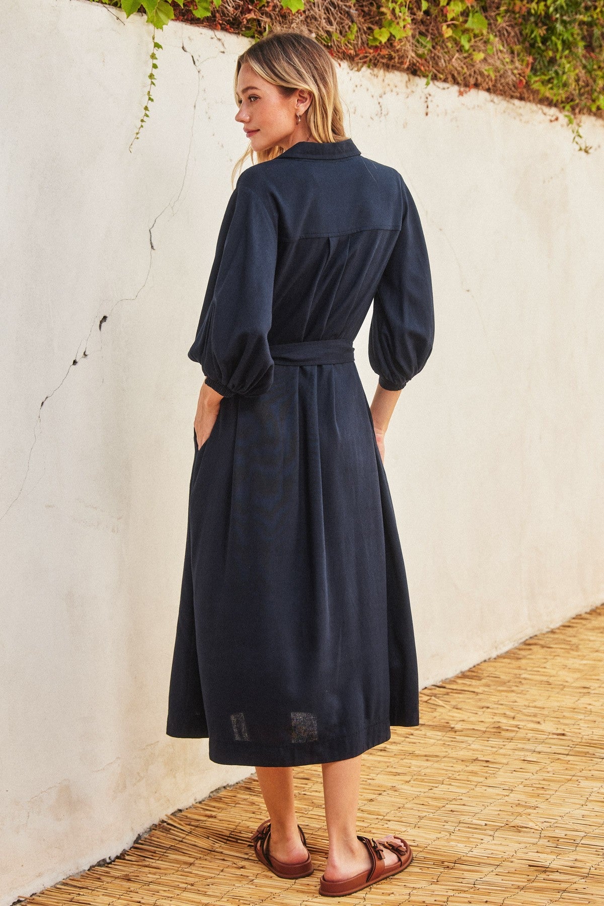 Navy 3/4 Bubble Sleeve Midi Shirt Dress