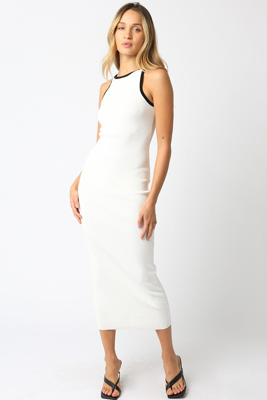 White Ribbed Knit Maternity Midi Dress with Contrast Trim - Image 4