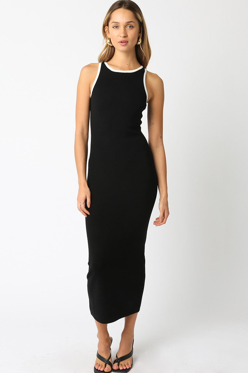 Black Knit Contrast Trim Midi Dress