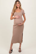 Mocha Ribbed Knit Back Tie Side Slit Maternity Midi Dress