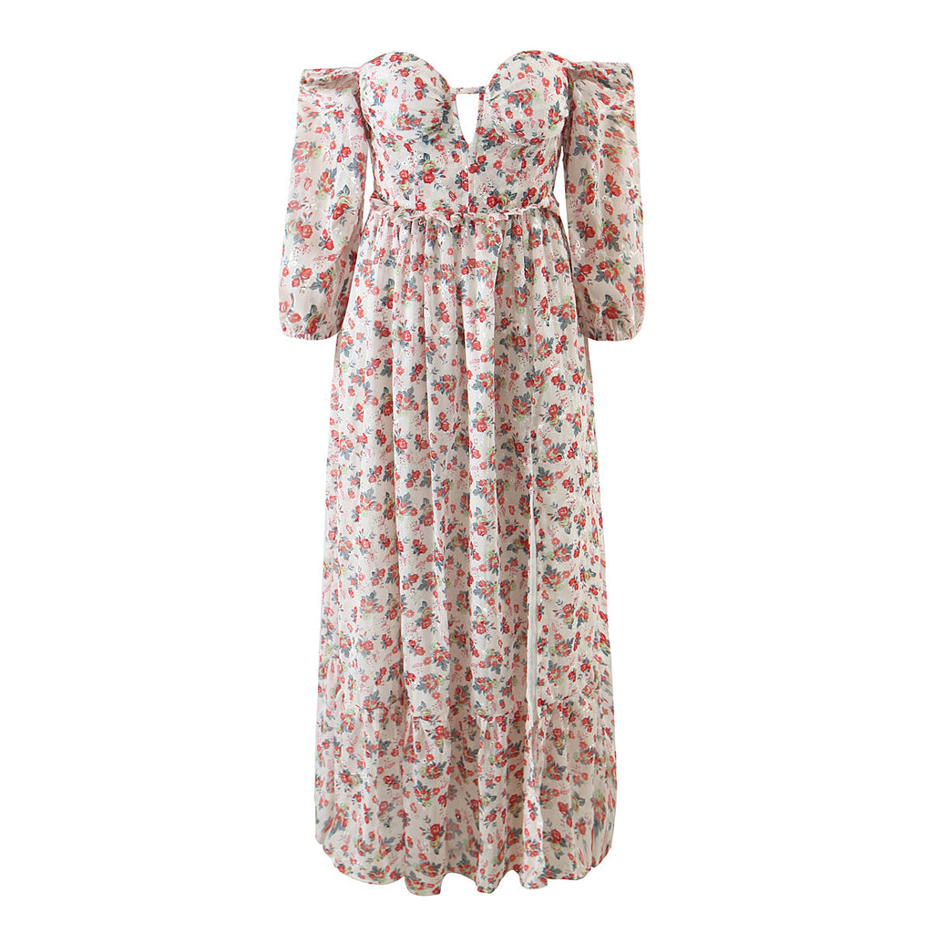Women off Neck Large Swing Side Split Dress Summer Holiday Embroidery Floral