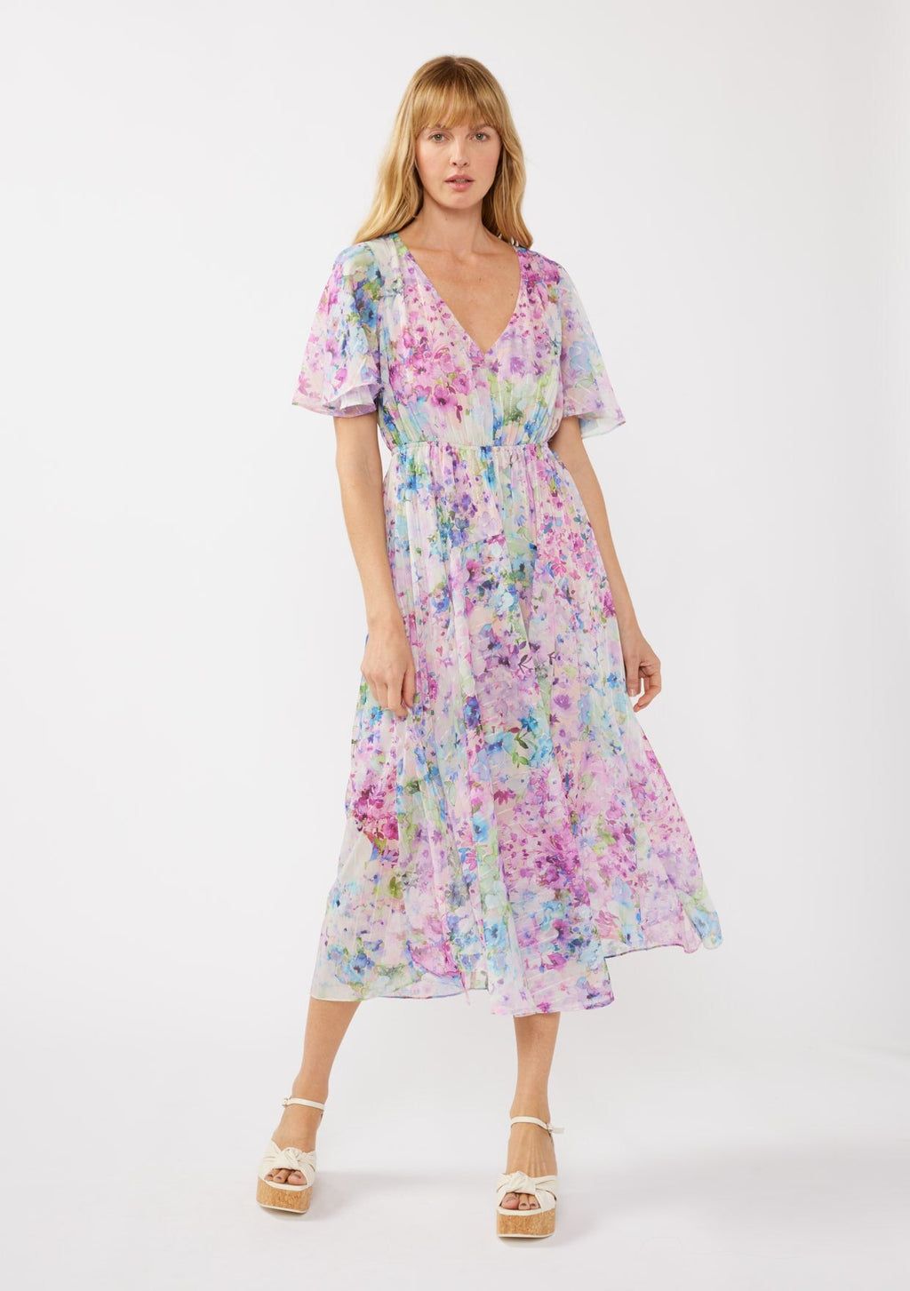 Light Pink Watercolor Floral Flutter Sleeve Midi Dress