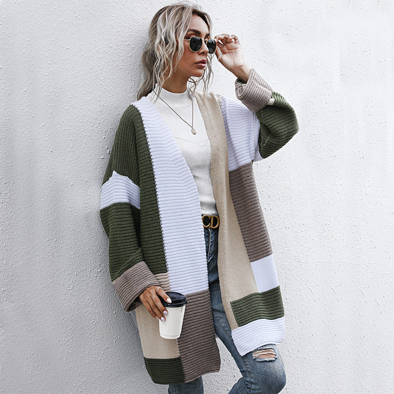 Army Green Oversized Color Block Knit Cardigan