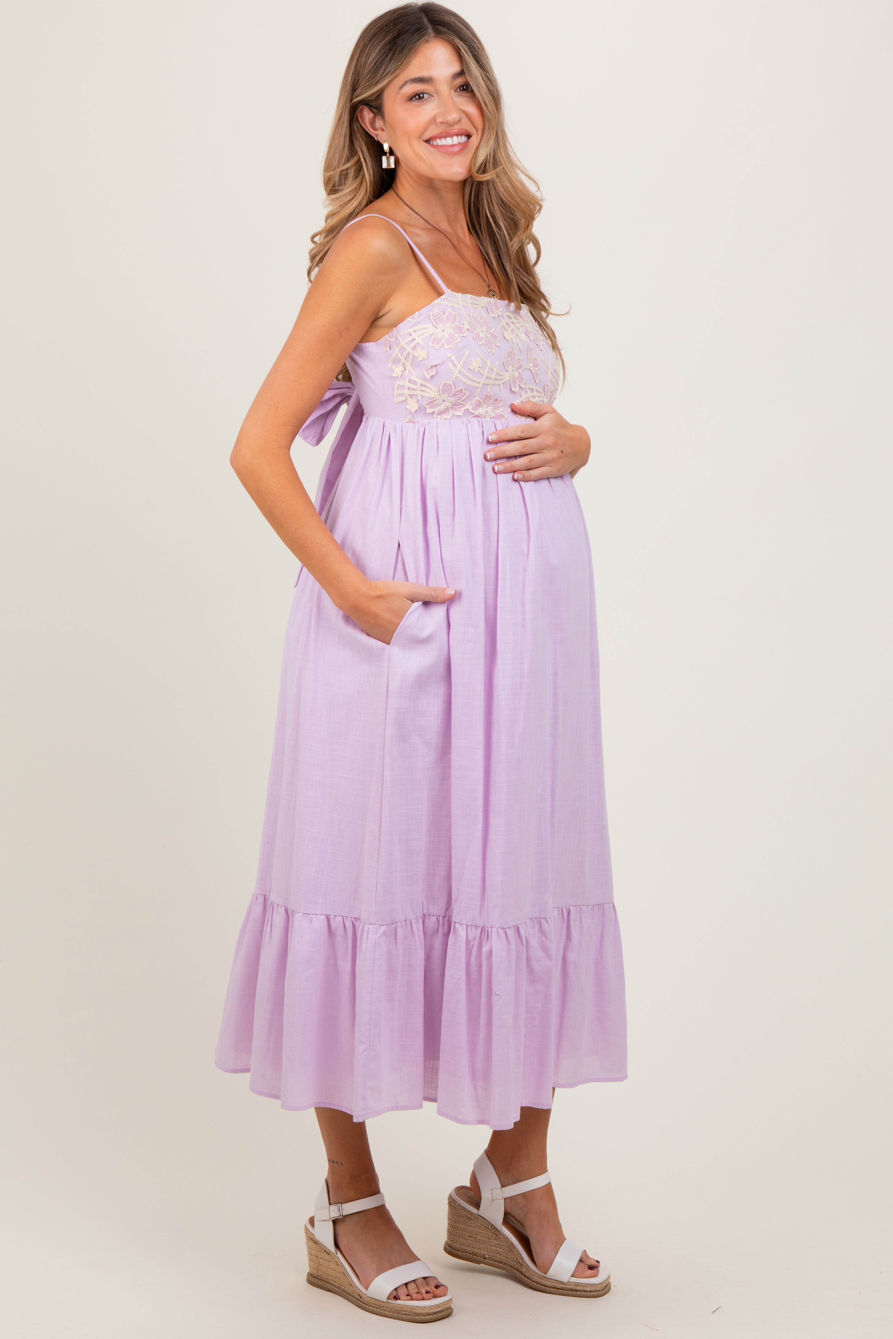 Lavender Floral Embroidery Back Ribbon Maternity Midi Dress