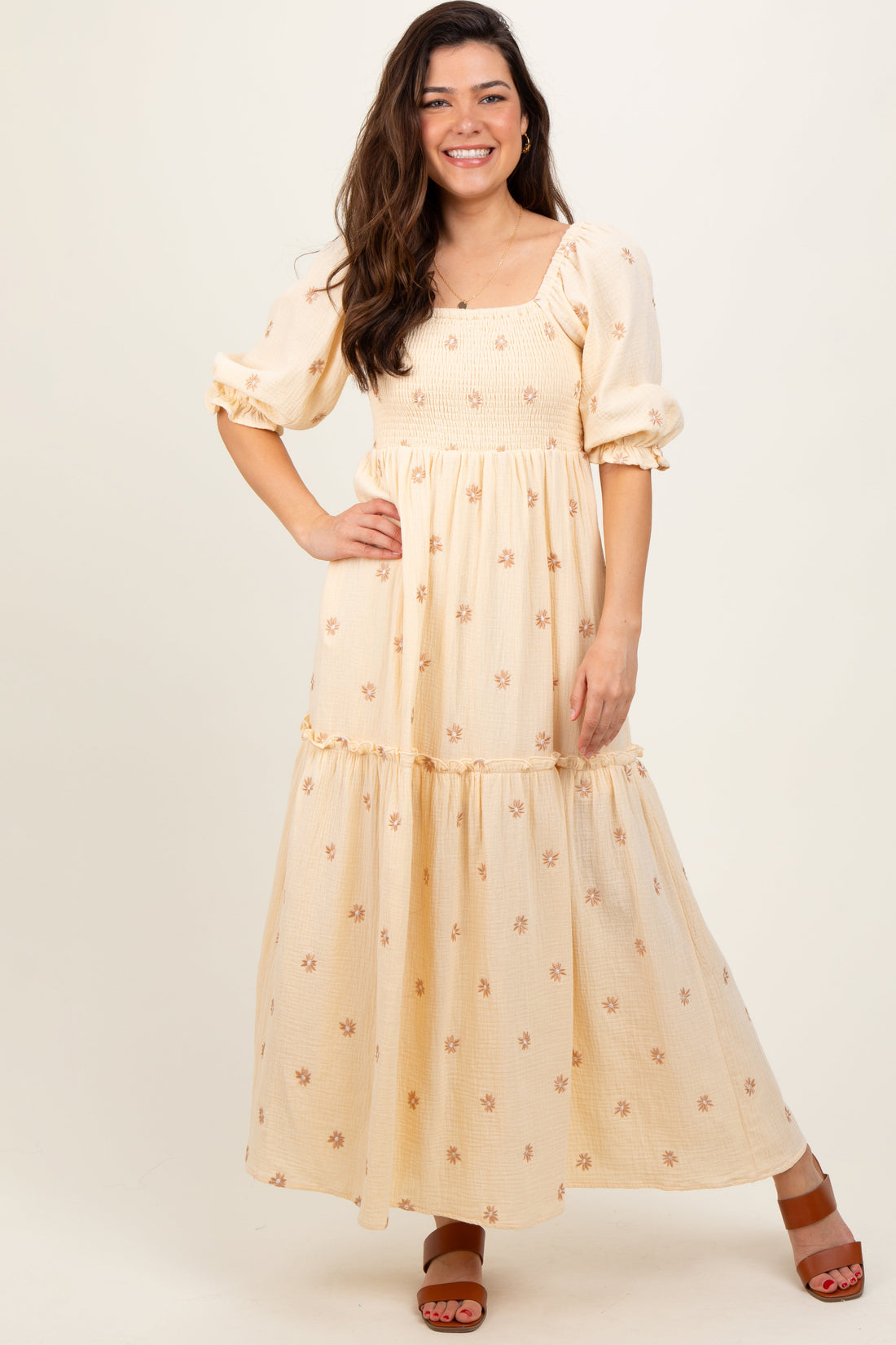 Cream Floral Smocked Puff Sleeve Maxi Dress