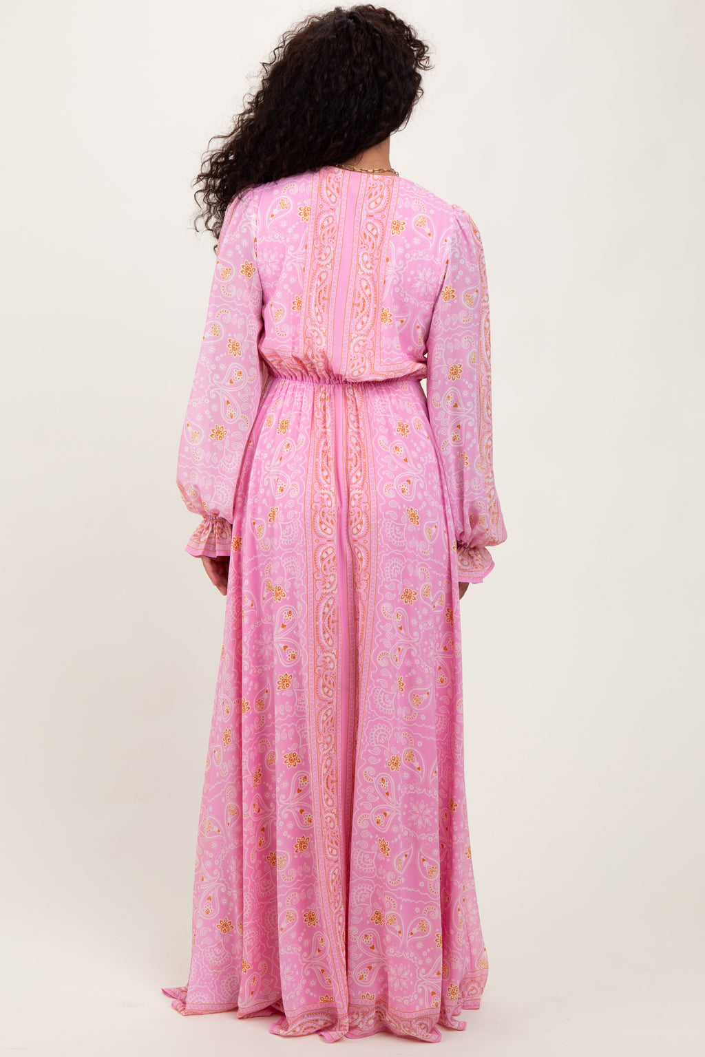 Pink Paisley Deep V-Neck Long Sleeve Maxi Dress