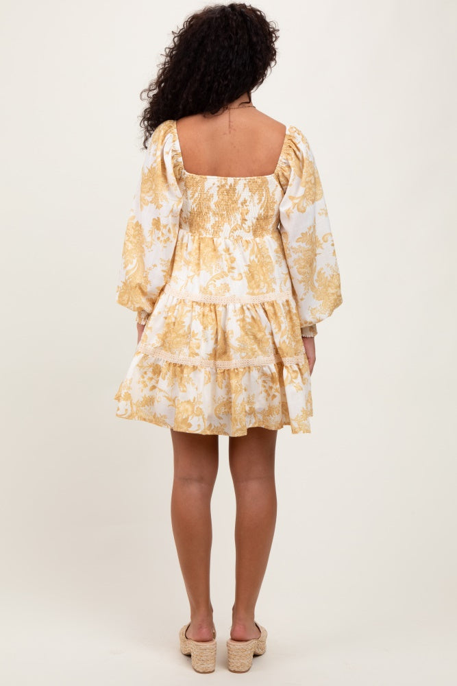 Yellow Floral Smocked Bubble Sleeve Tiered Mini Dress