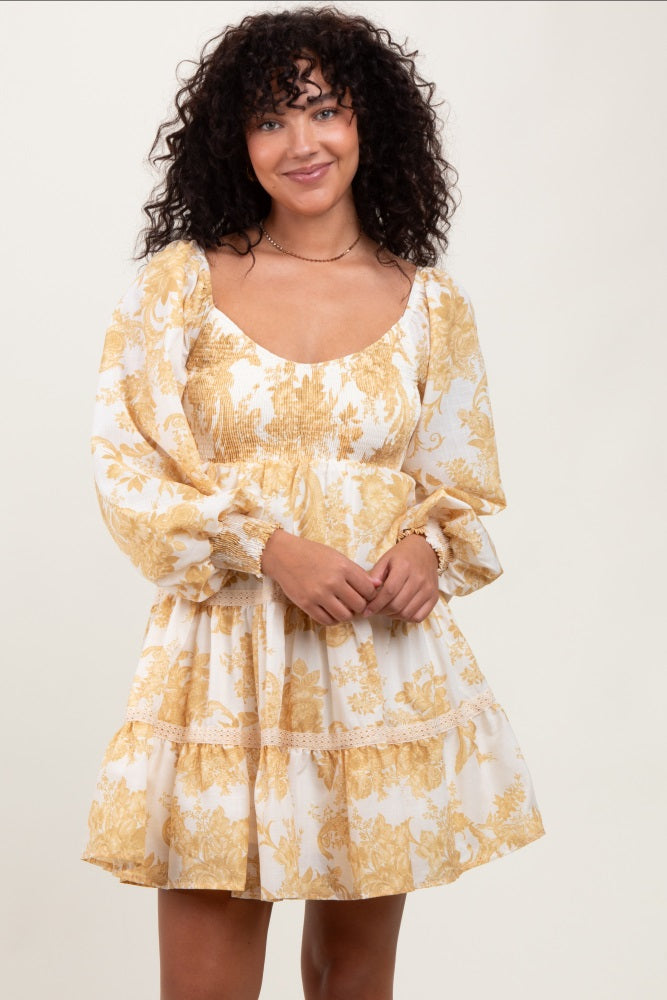 Yellow Floral Smocked Bubble Sleeve Tiered Mini Dress