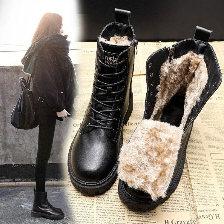 A woman wearing black waterproof combat snow boots with a chunky sole and faux fur lining, styled in Harajuku fashion for winter.
