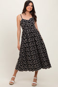 Black Floral Embroidered Scallop Detail Midi Dress