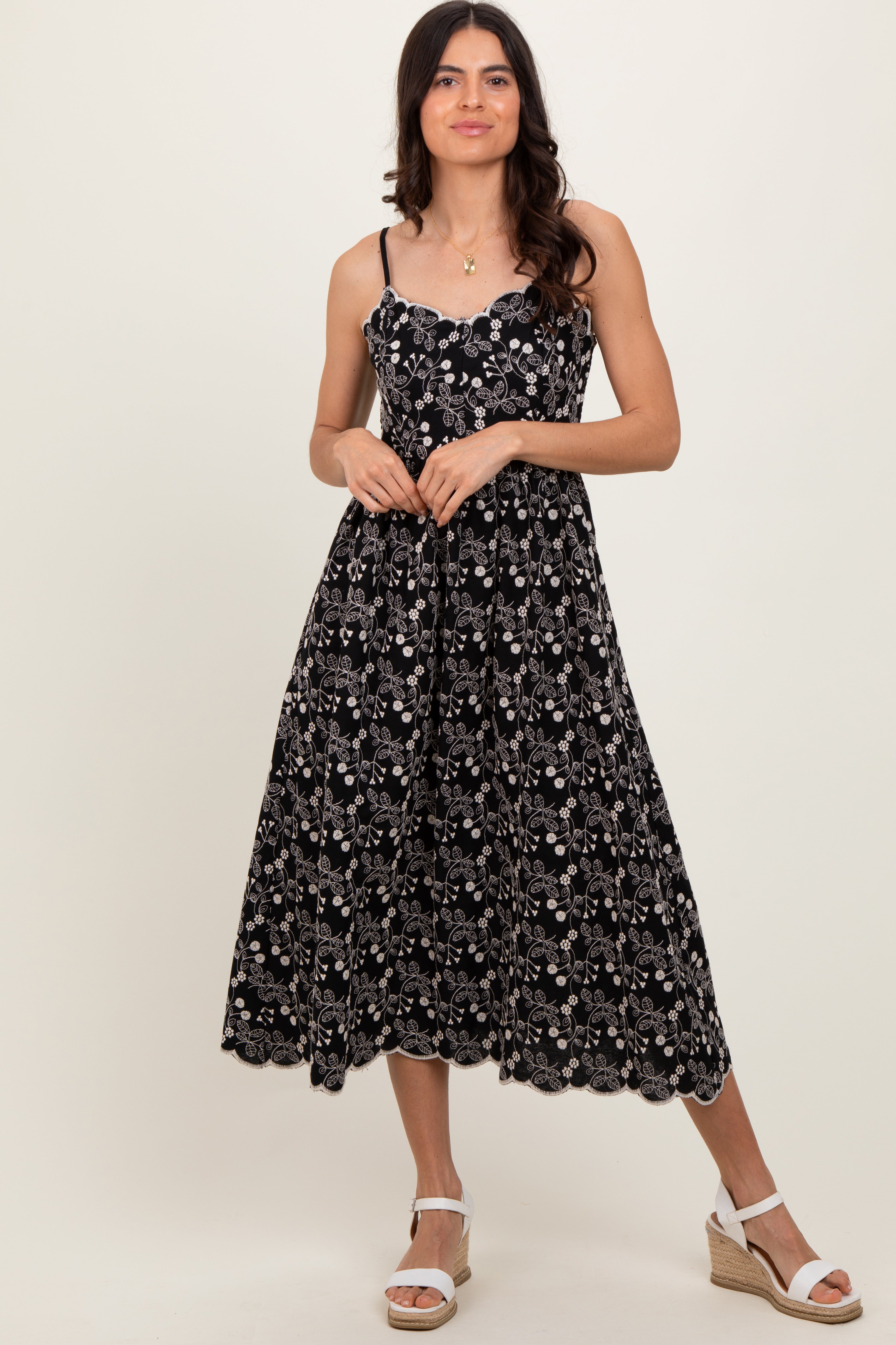 Black Floral Embroidered Scallop Detail Midi Dress