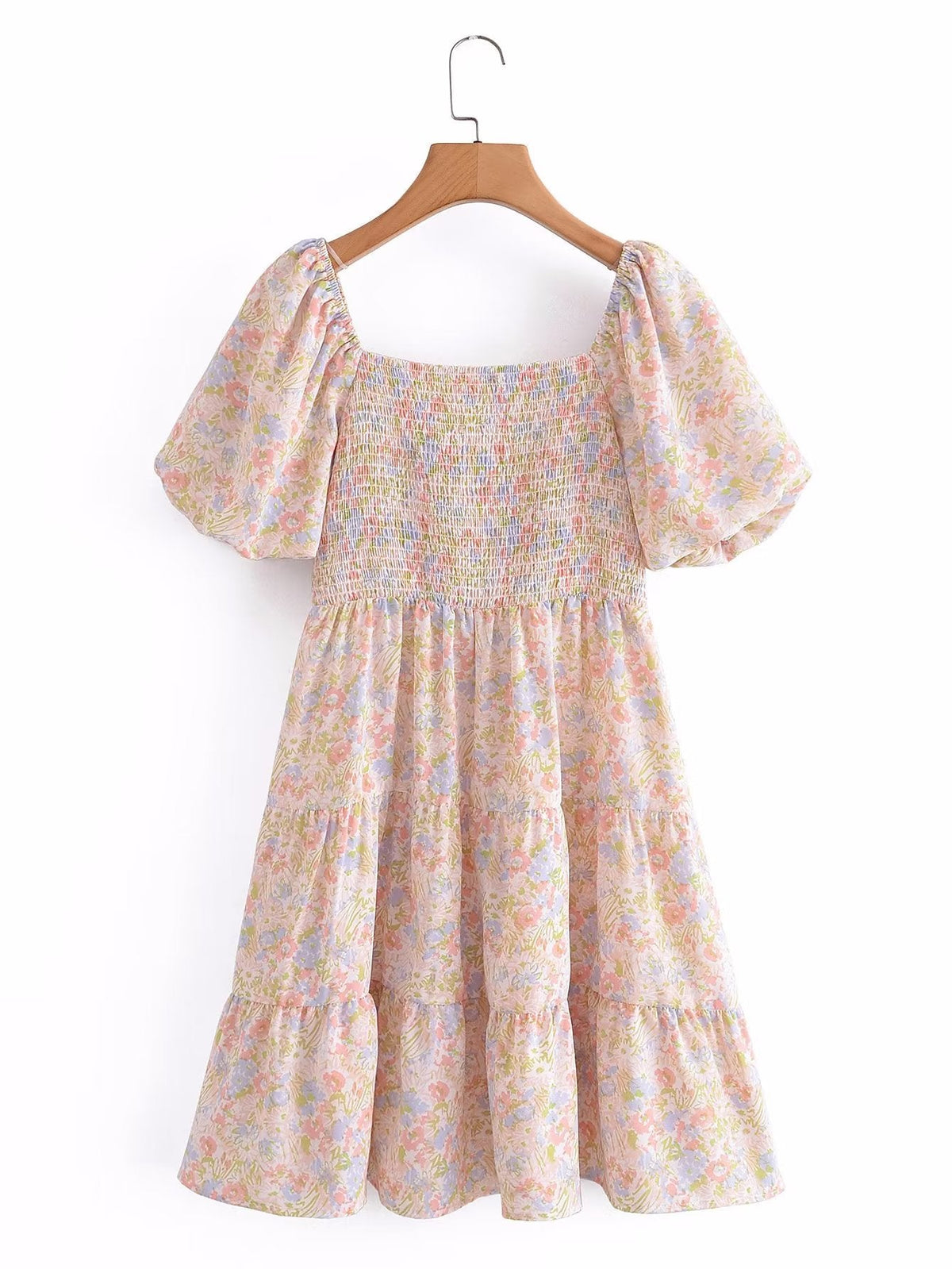 Women Casual Square Collar Elastic Summer Short Sleeve Dress Short Dress