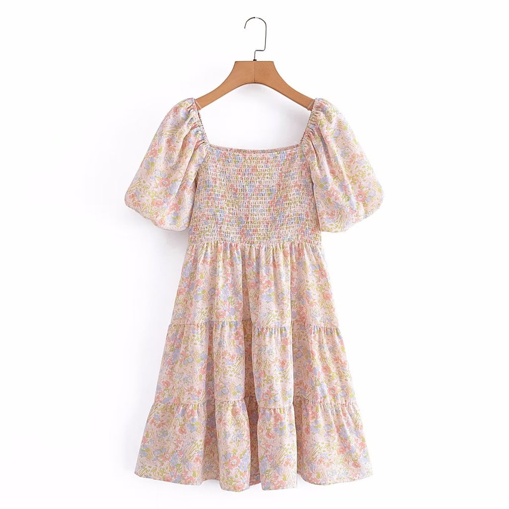 Women Casual Square Collar Elastic Summer Short Sleeve Dress Short Dress