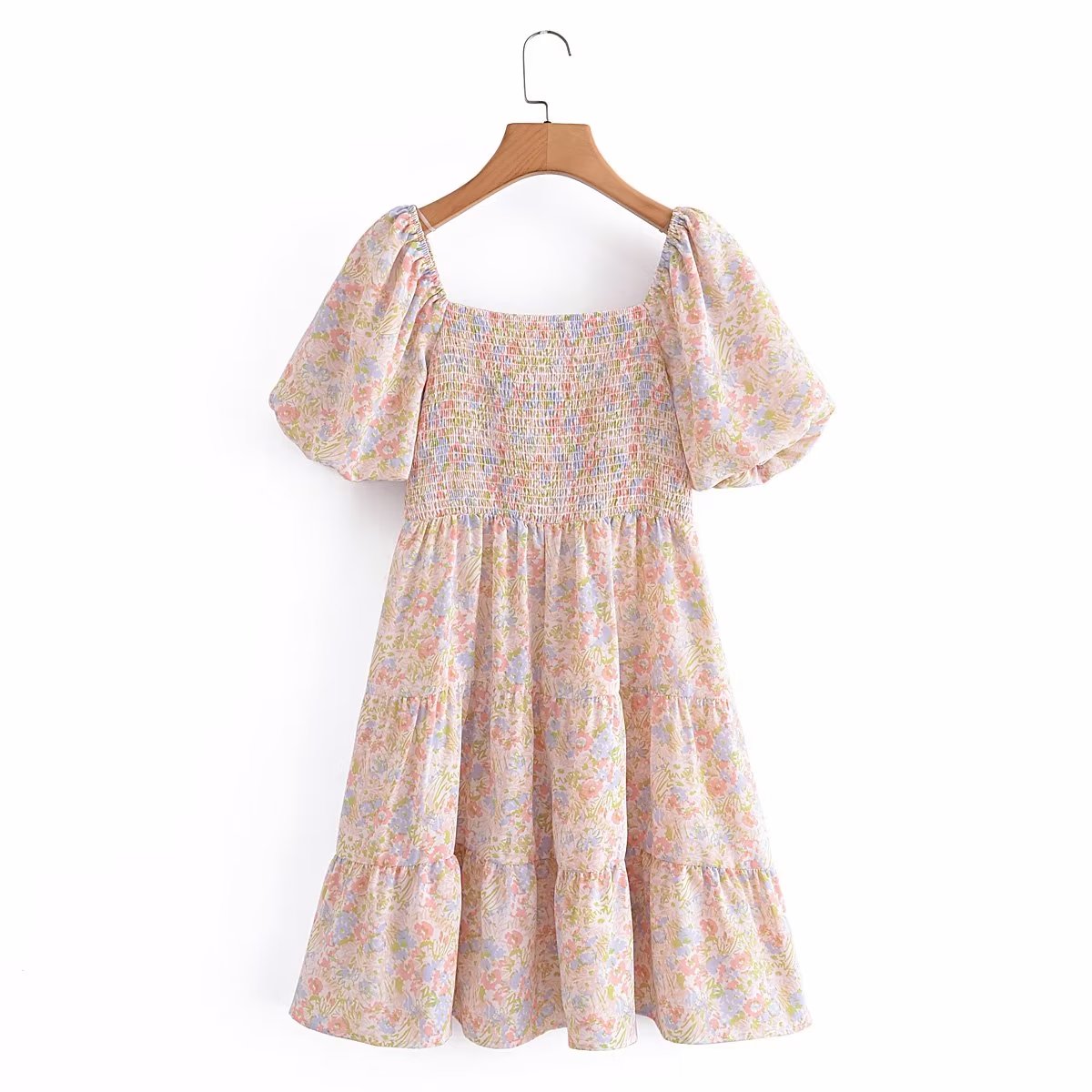 Women Casual Square Collar Elastic Summer Short Sleeve Dress Short Dress