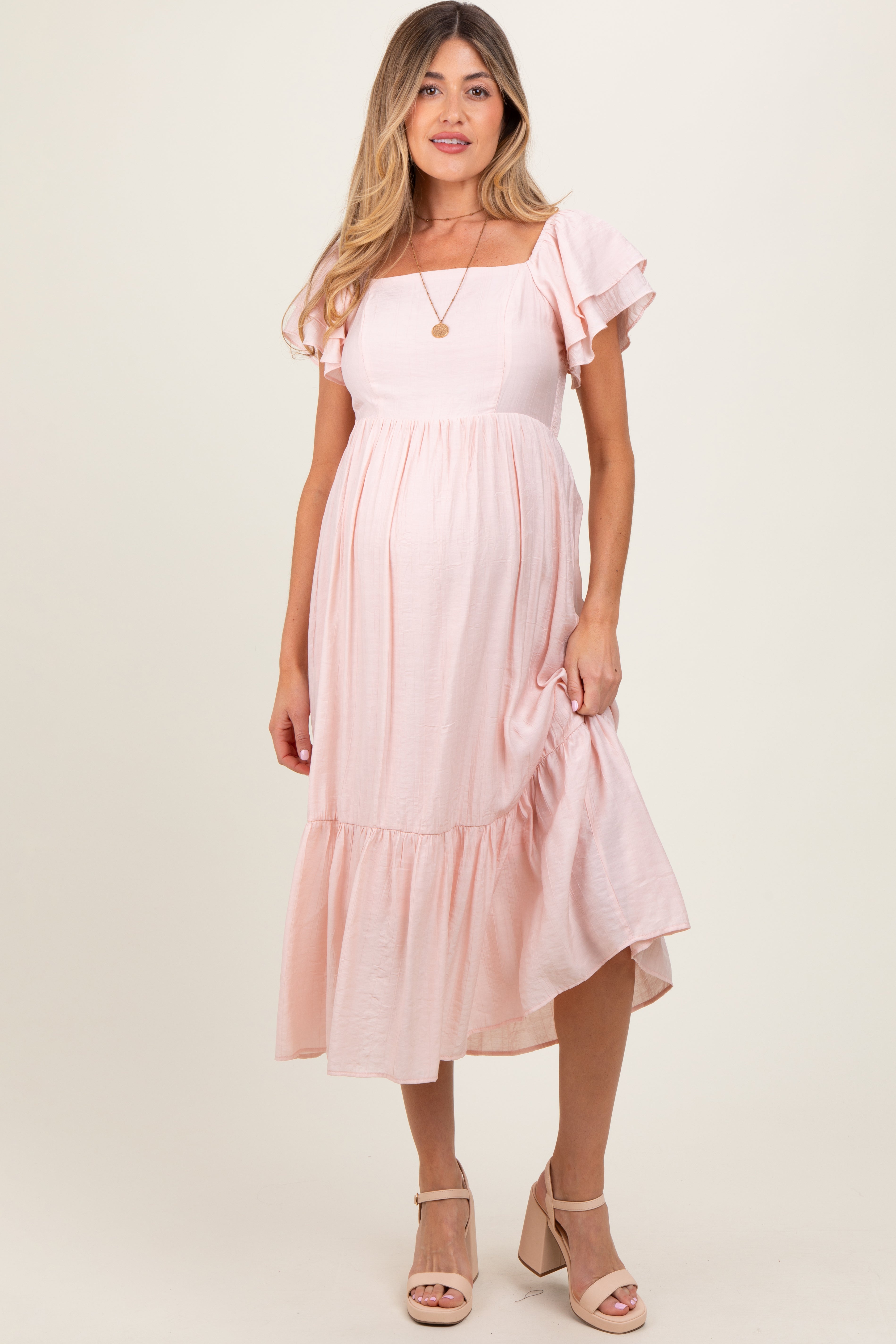 Light Pink Flutter Sleeve Maternity Midi Dress