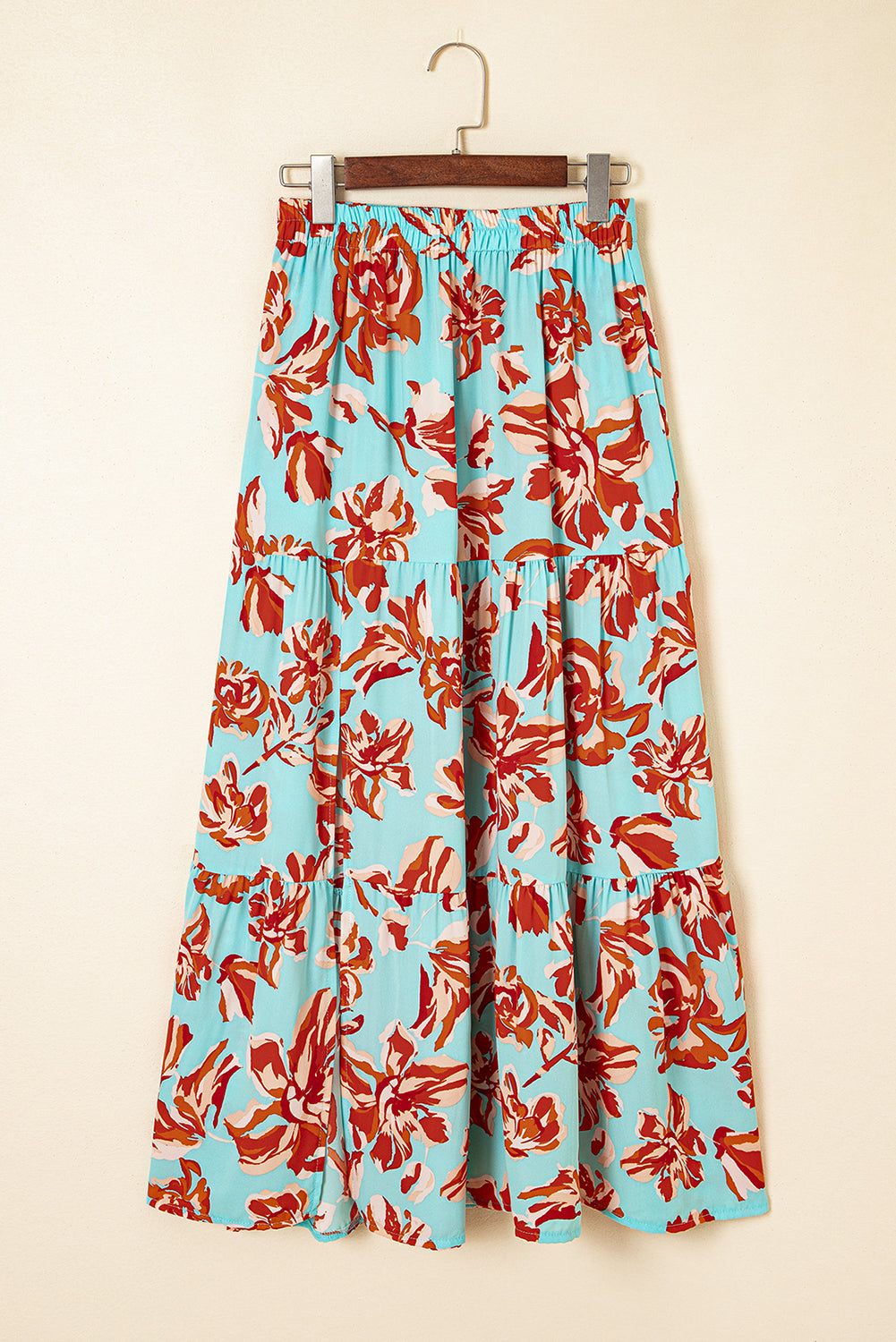 Blue Bohemian Floral Tiered Maxi Skirt with Side Split
