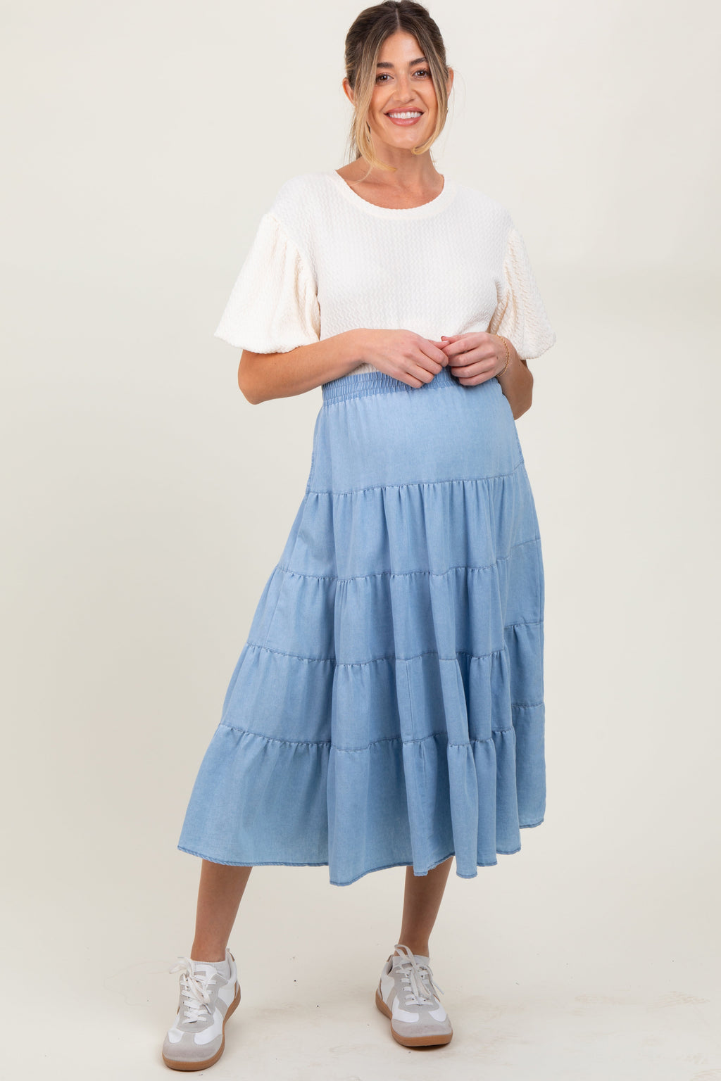 Light Blue Tiered Elastic Maternity Midi Skirt