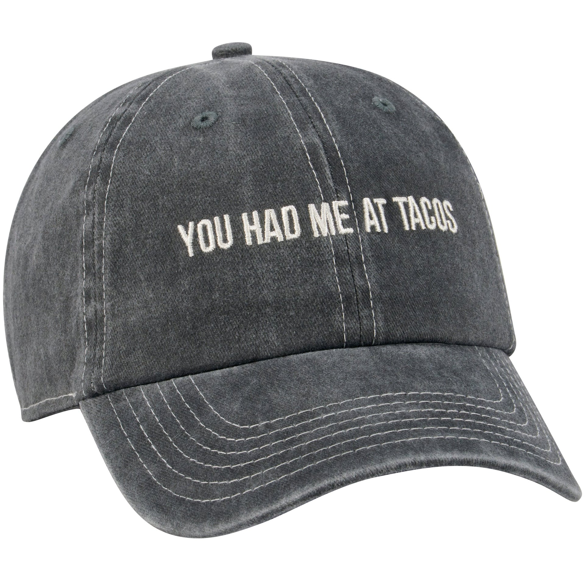 Charcoal cotton baseball cap with You Had Me At Tacos embroidered in cream thread