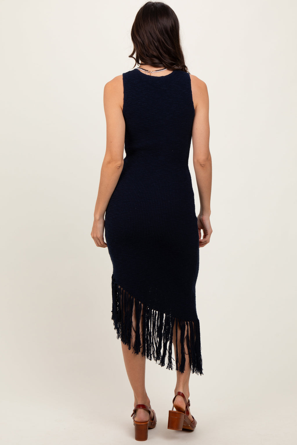 Navy Ribbed Knit Fringe Asymmetrical Hem Dress