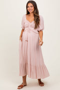 Light Pink Smocked Cinched Front Maternity Maxi Dress
