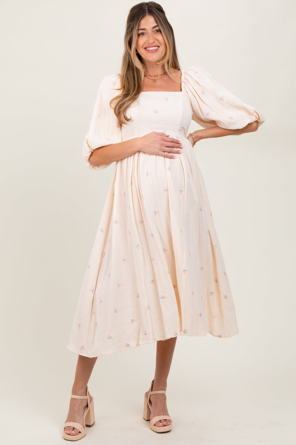 Cream Floral Maternity Midi Dress