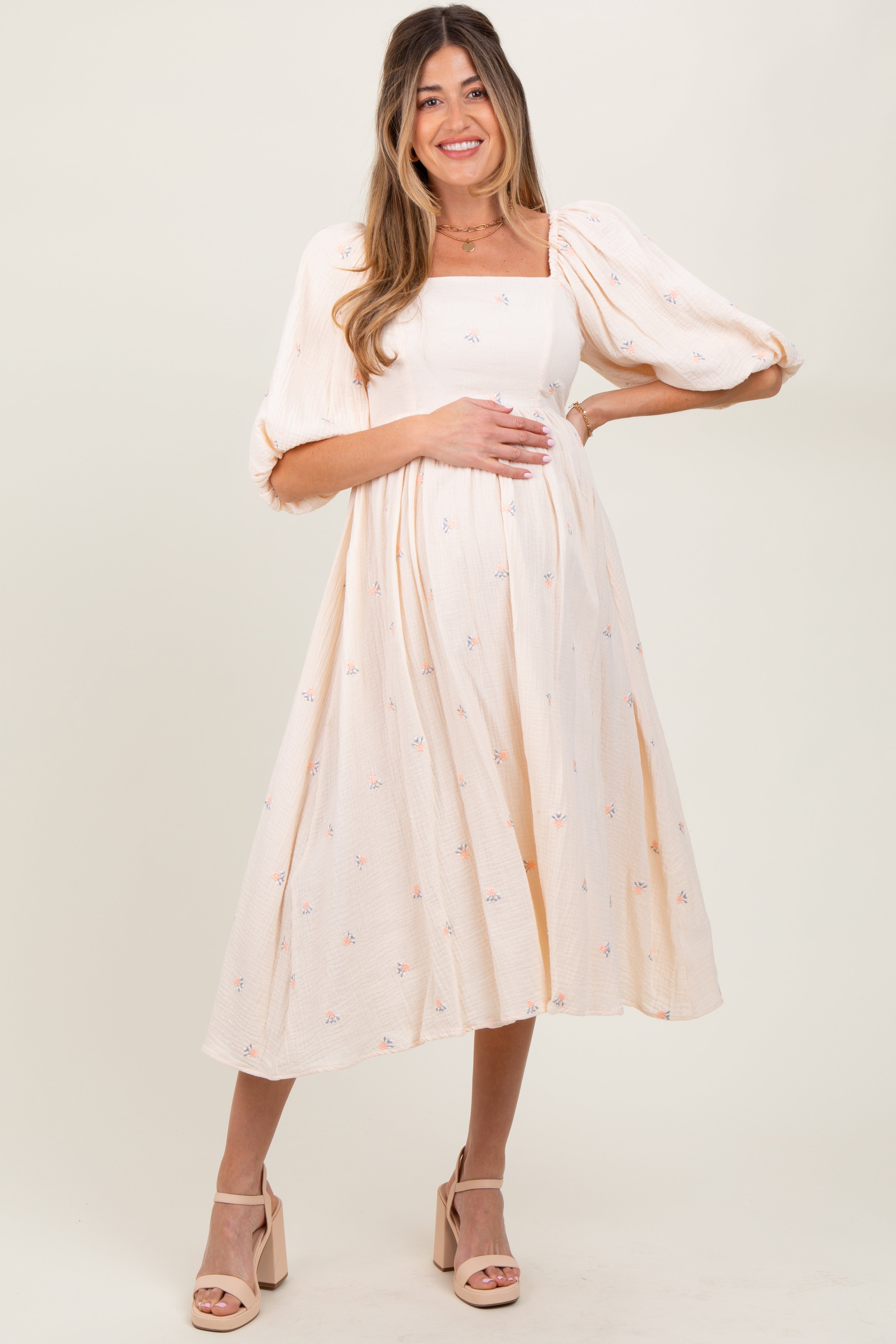 Cream Floral Maternity Midi Dress