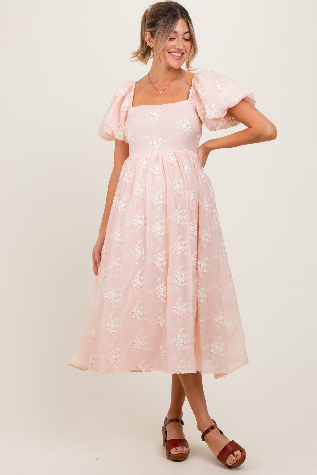 Pink Textured Maternity Midi Dress