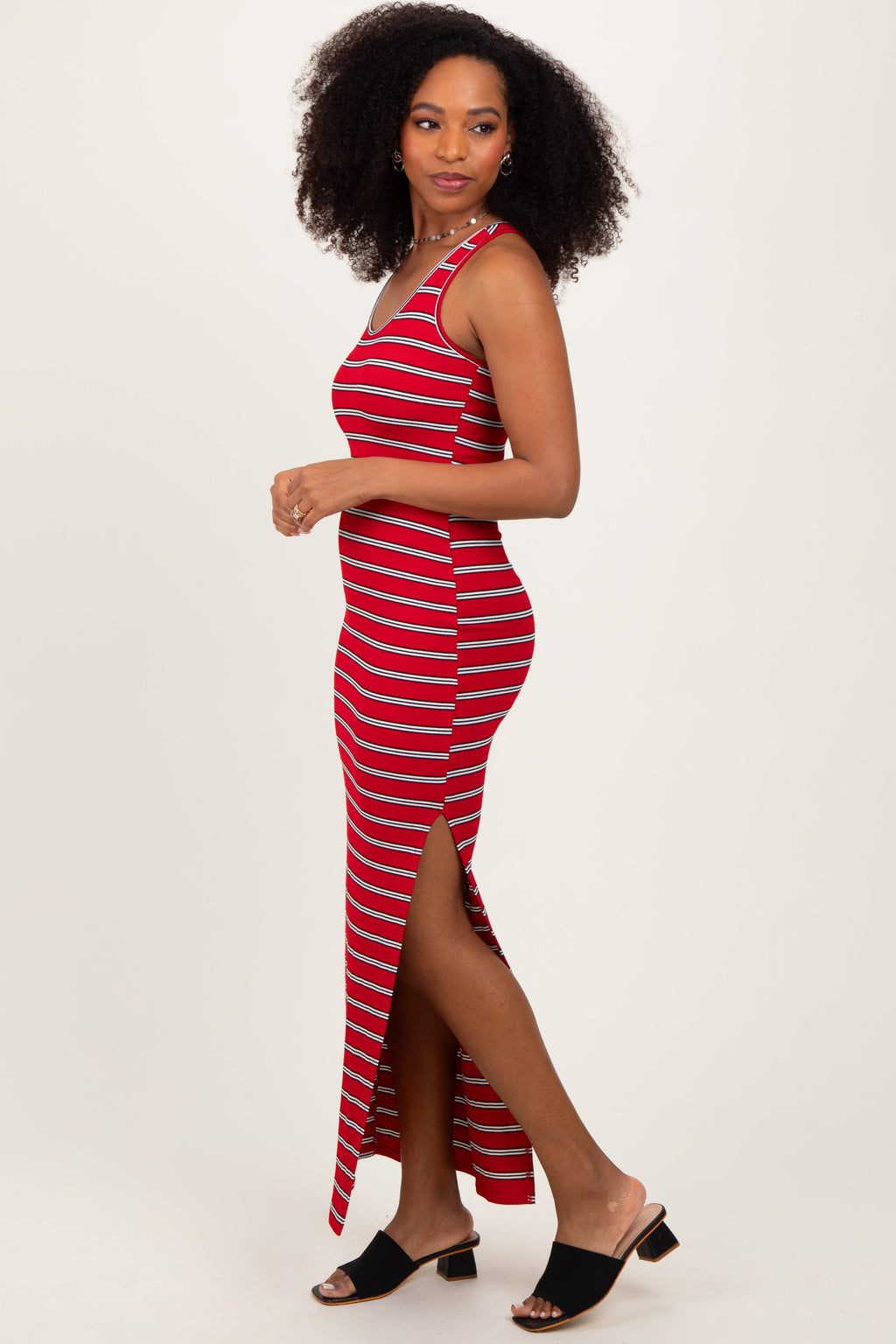 Red Black Striped Side Slit Maxi Dress