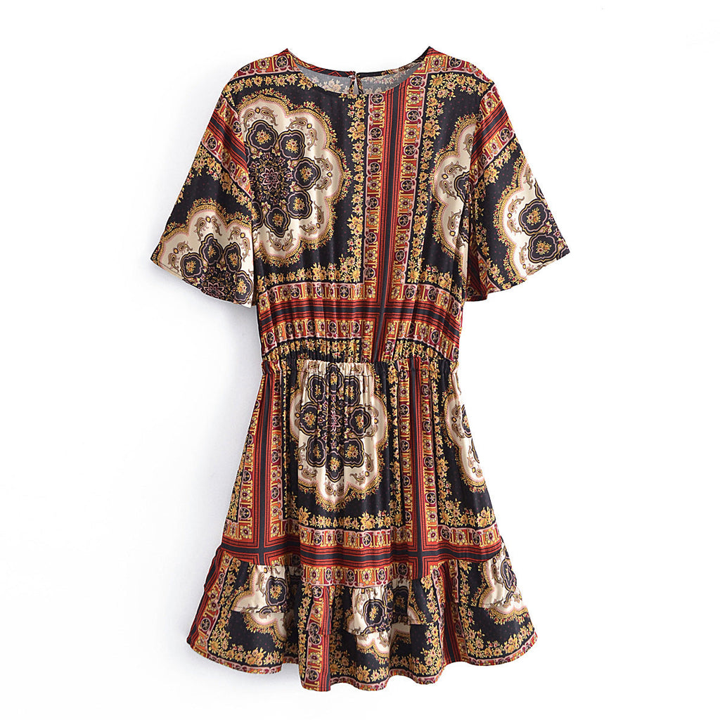 Spring Summer Elegant round Neck Short Sleeve Waist Controlled Printed Short Dress