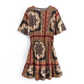 Spring Summer Elegant round Neck Short Sleeve Waist Controlled Printed Short Dress
