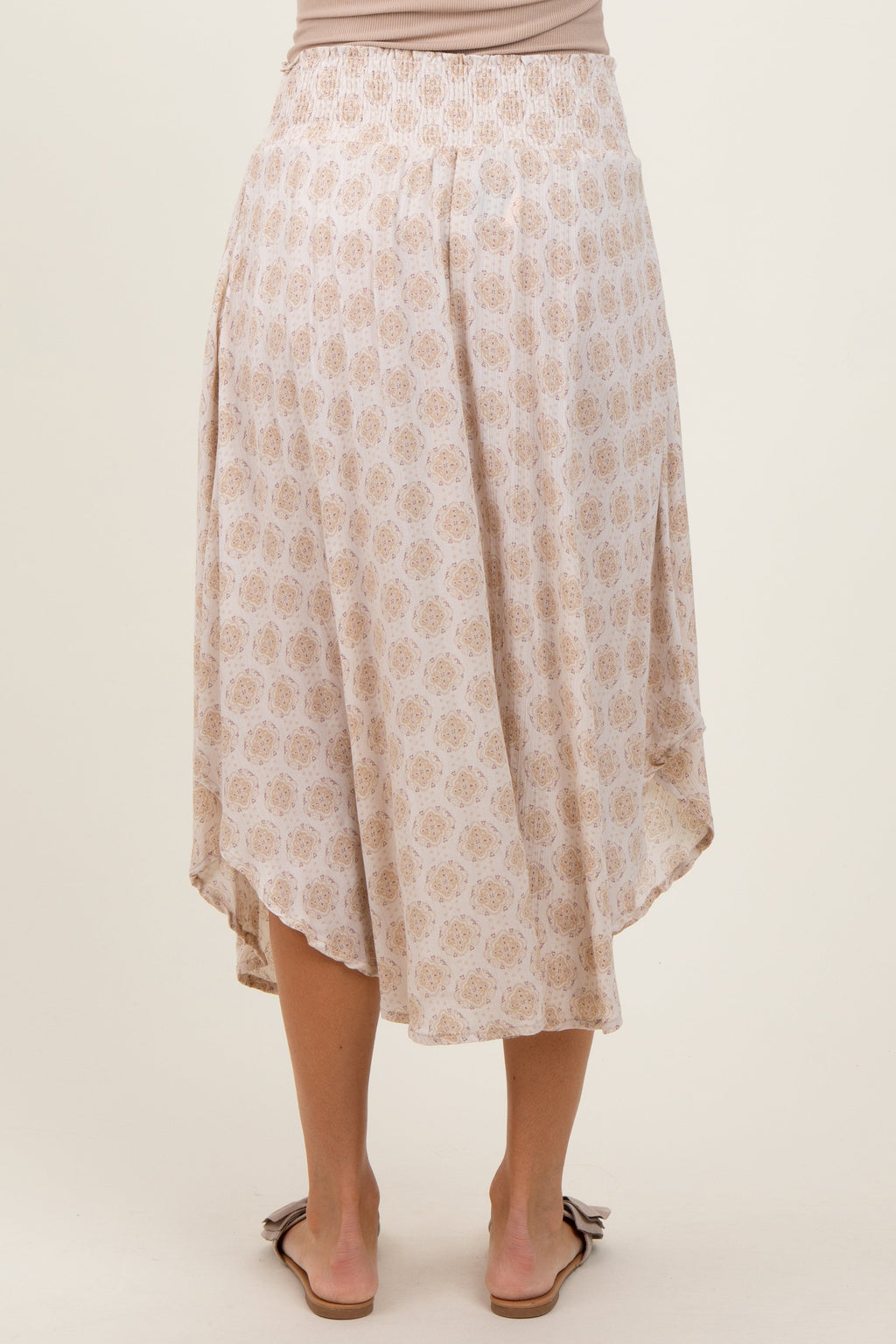 Beige Damask Print Smocked Waistband Midi Skirt