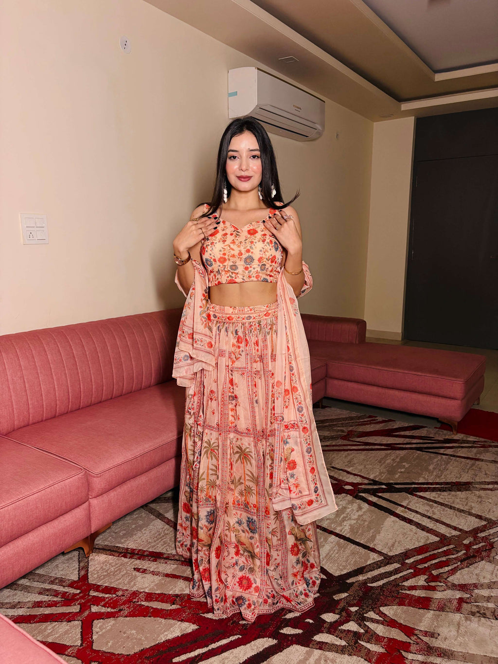 Peach organza lehenga choli set with floral print and matching dupatta