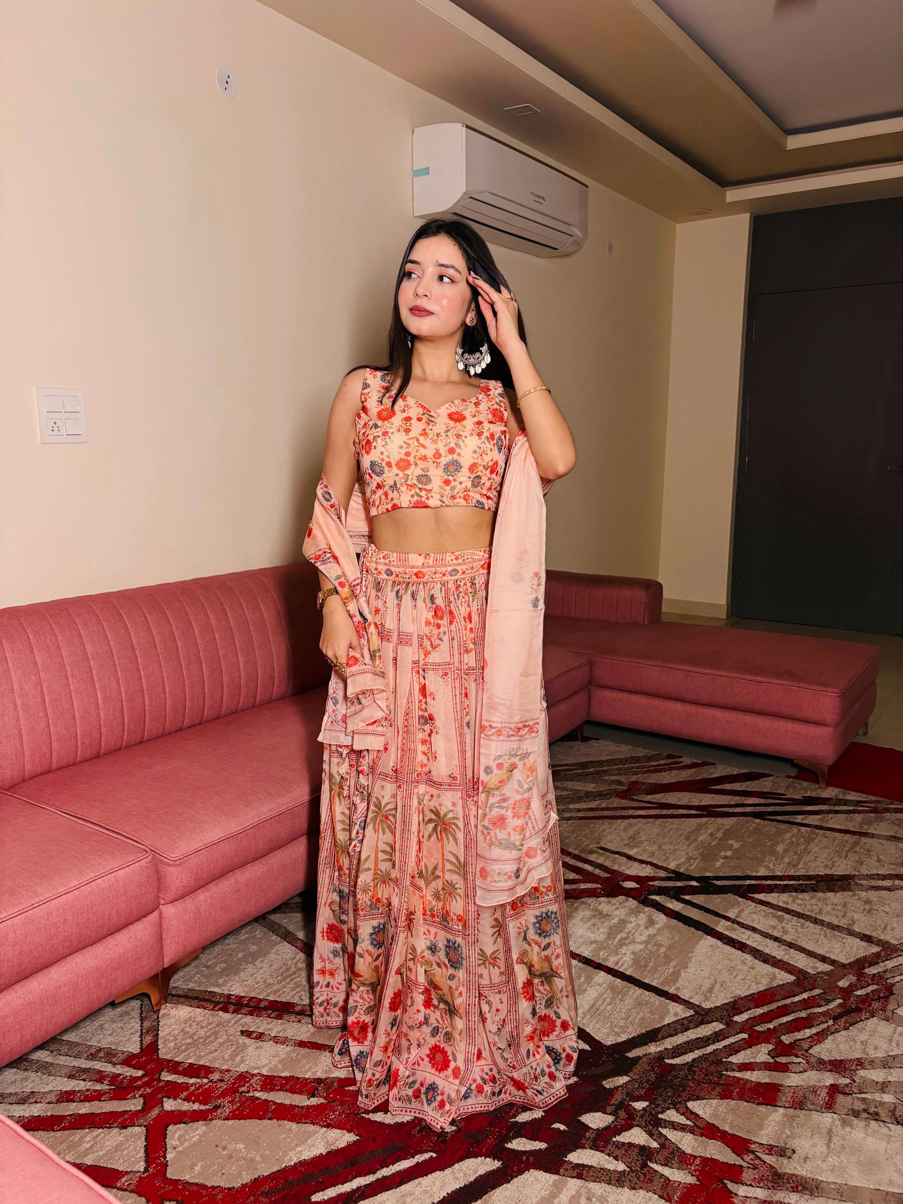 Peach Floral Print Organza Lehenga Choli Set with Dupatta