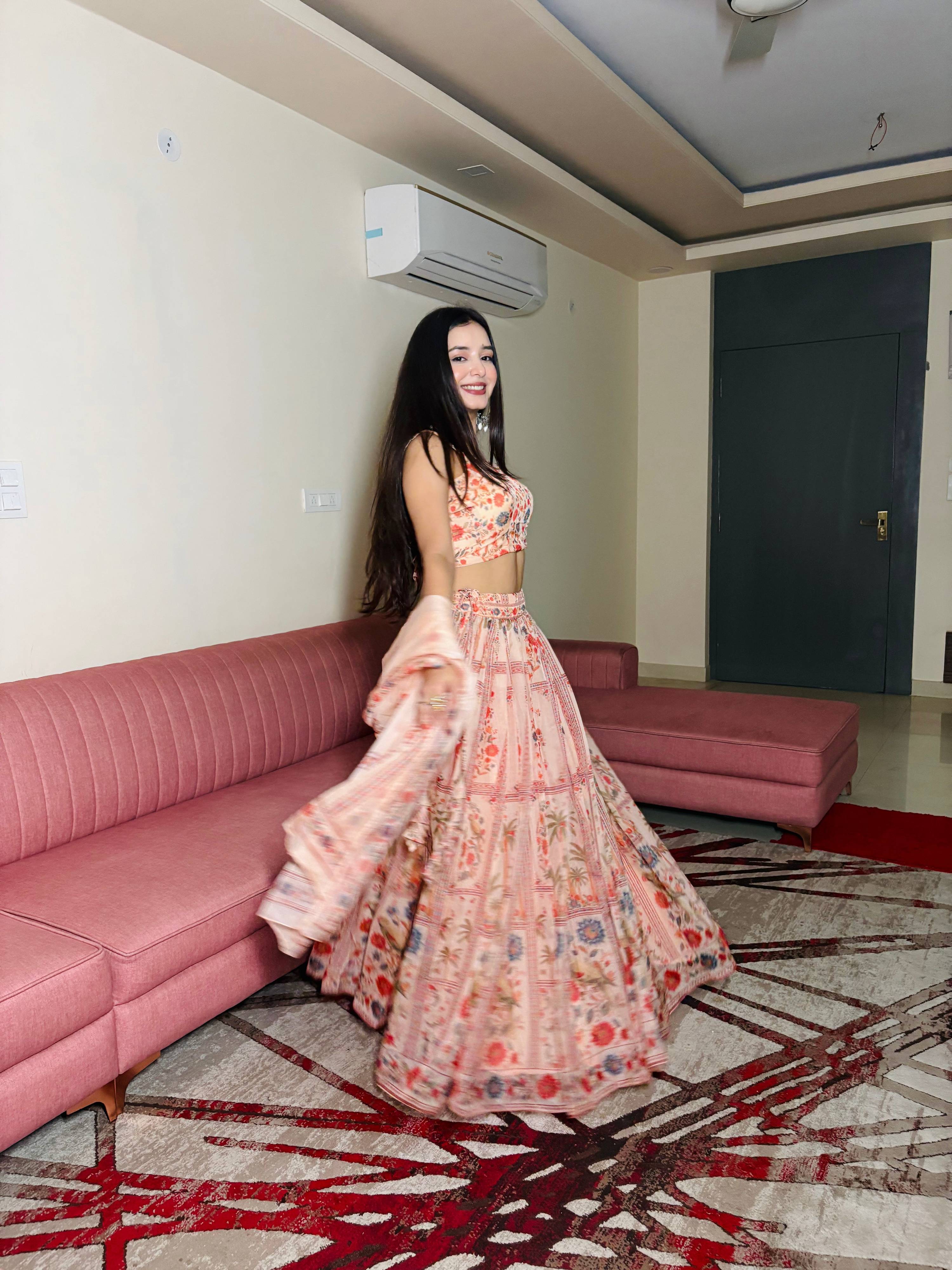 Peach Floral Print Organza Lehenga Choli Set with Dupatta