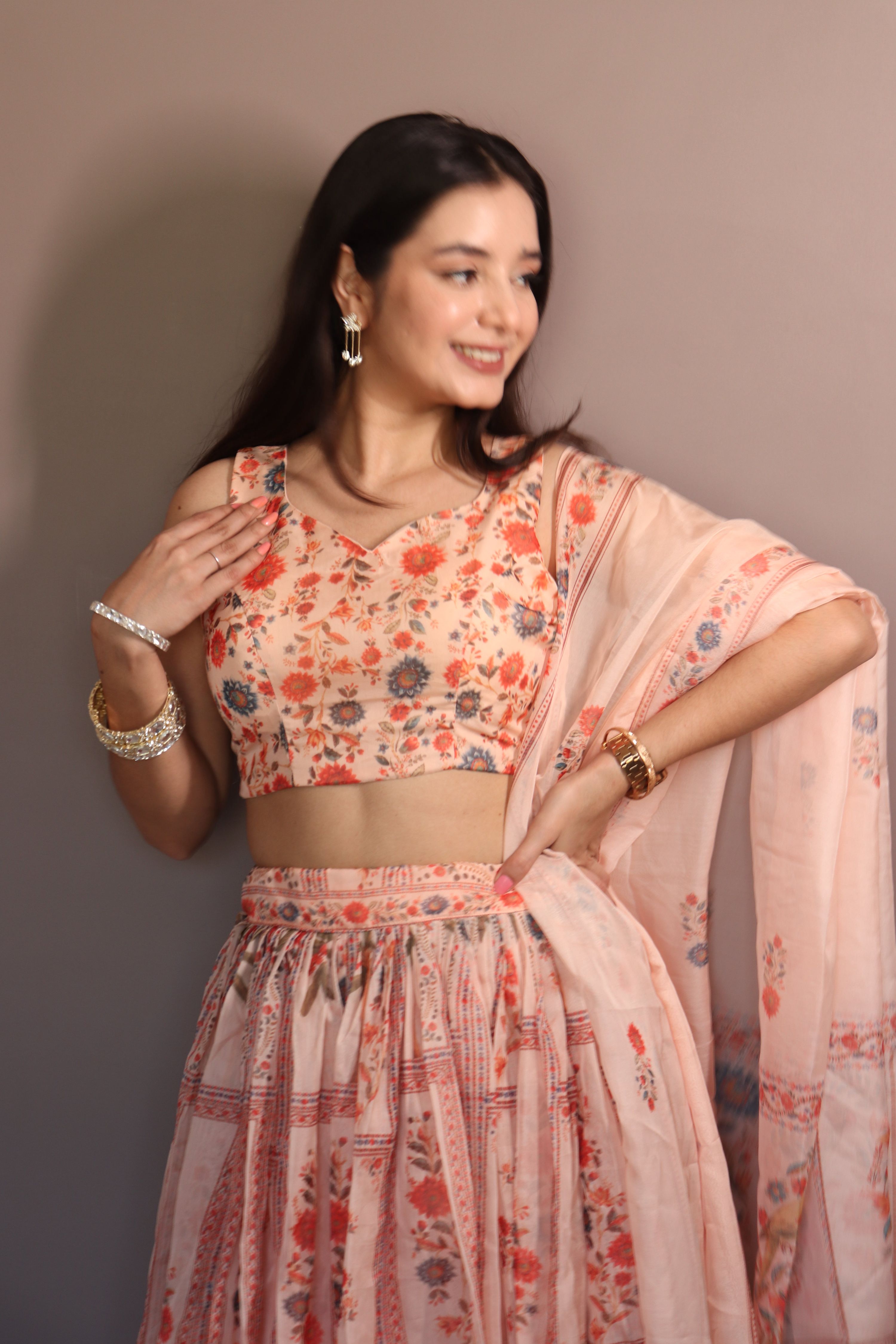 Peach Floral Print Organza Lehenga Choli Set with Dupatta
