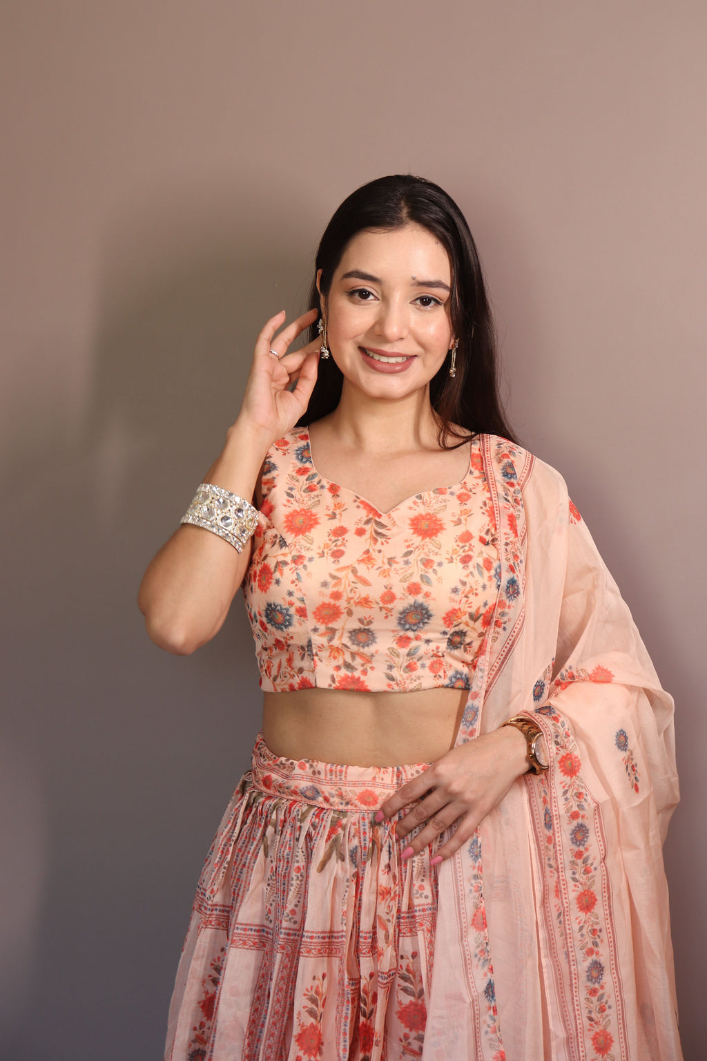 Peach Floral Print Organza Lehenga Choli Set with Dupatta