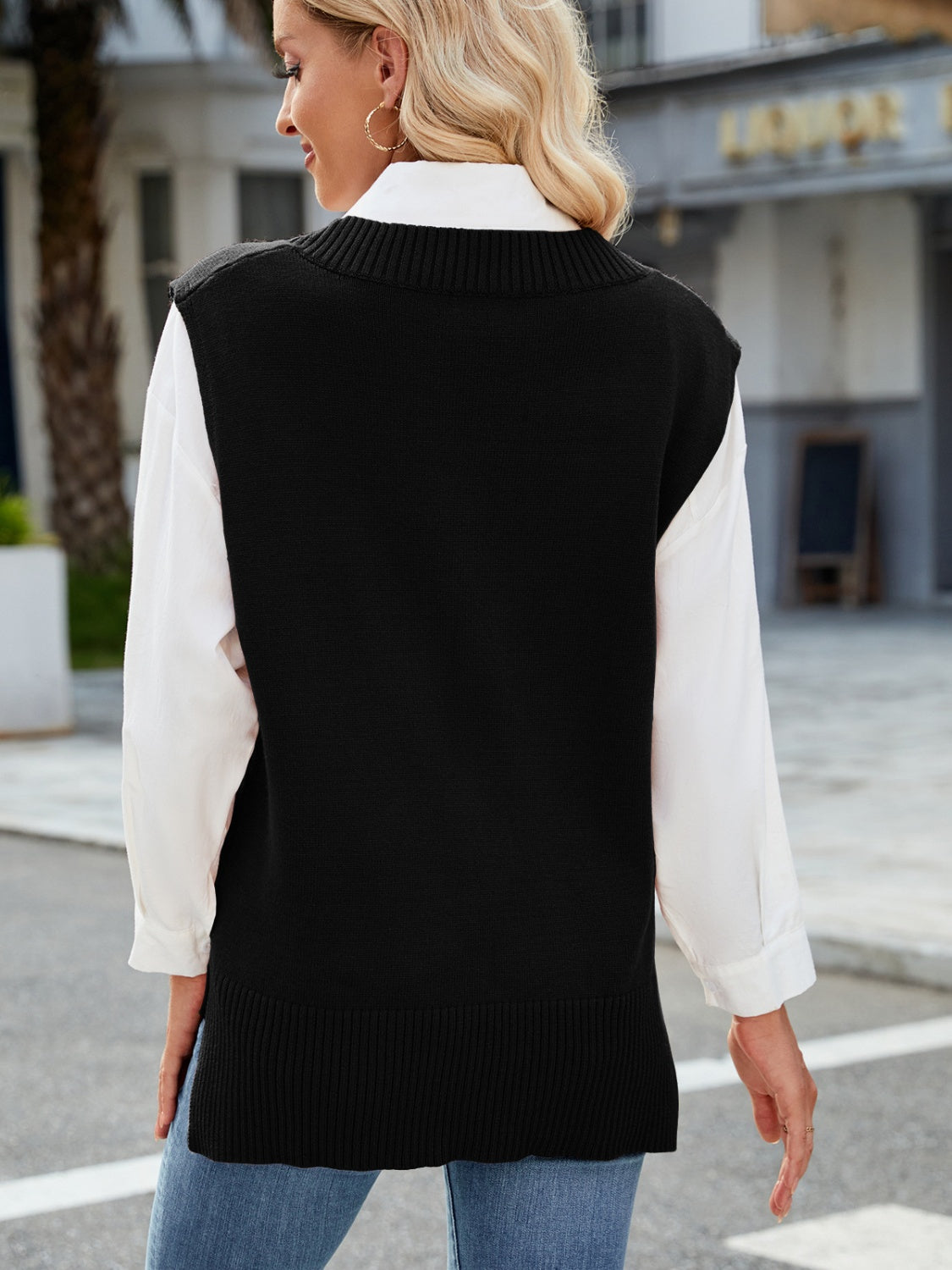 Brown V-Neck Sweater Vest with Side Slits - Image 7