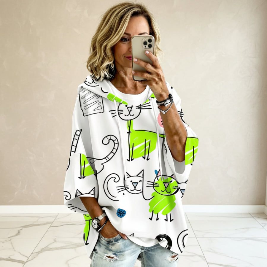 Cartoon Cat Print Hoodie with 3/4 Sleeves & Drawstring