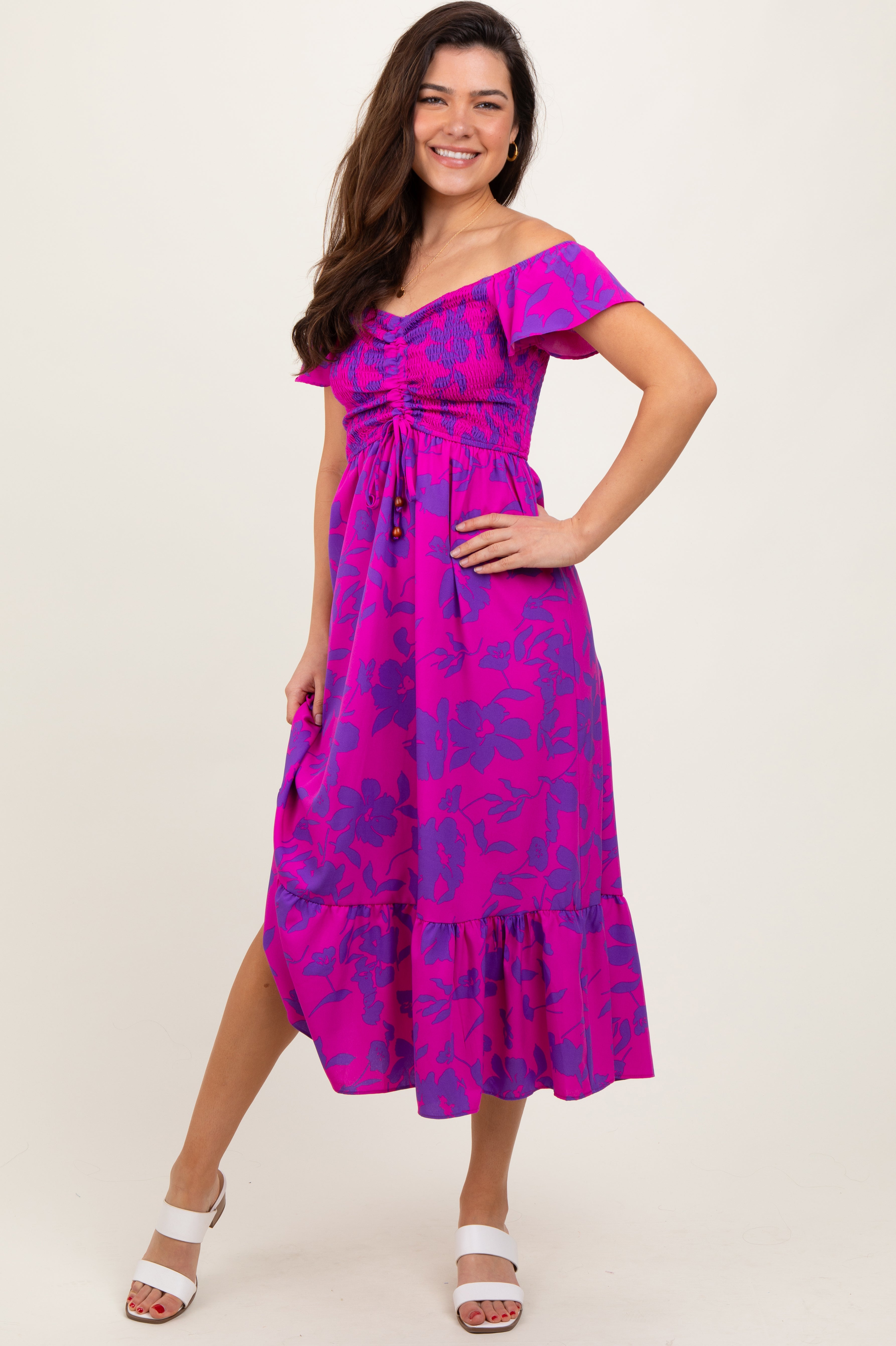 Magenta Multi Smocked Top Maternity Maxi Dress for Comfort