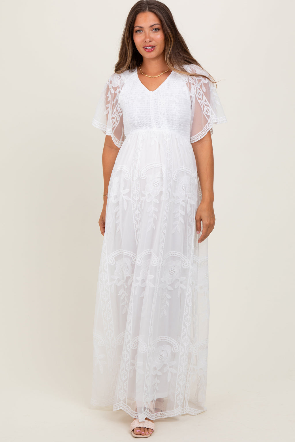 White lace maternity maxi dress with a stretchy smocked bodice and flowing skirt