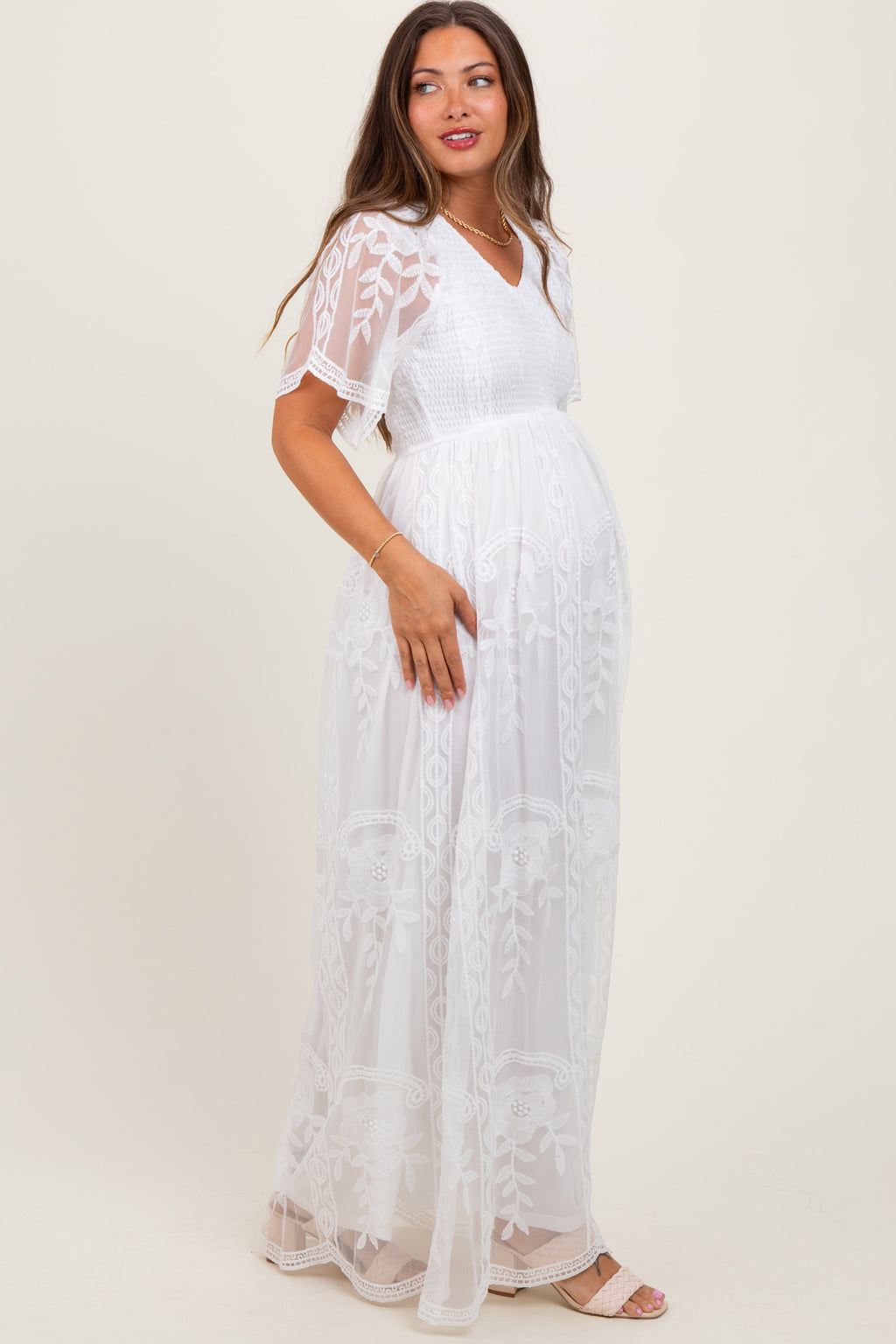 White Smocked Top Lace Maternity Maxi Dress