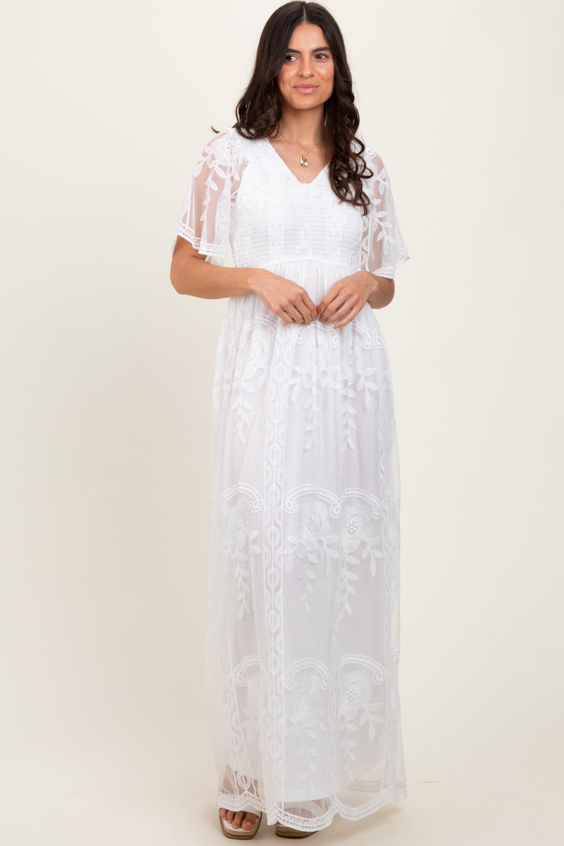 White Smocked Top Lace Maxi Dress with Flowy Silhouette