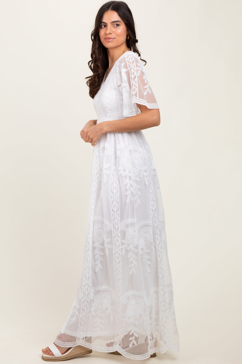 White Smocked Top Lace Maxi Dress with Flowy Silhouette