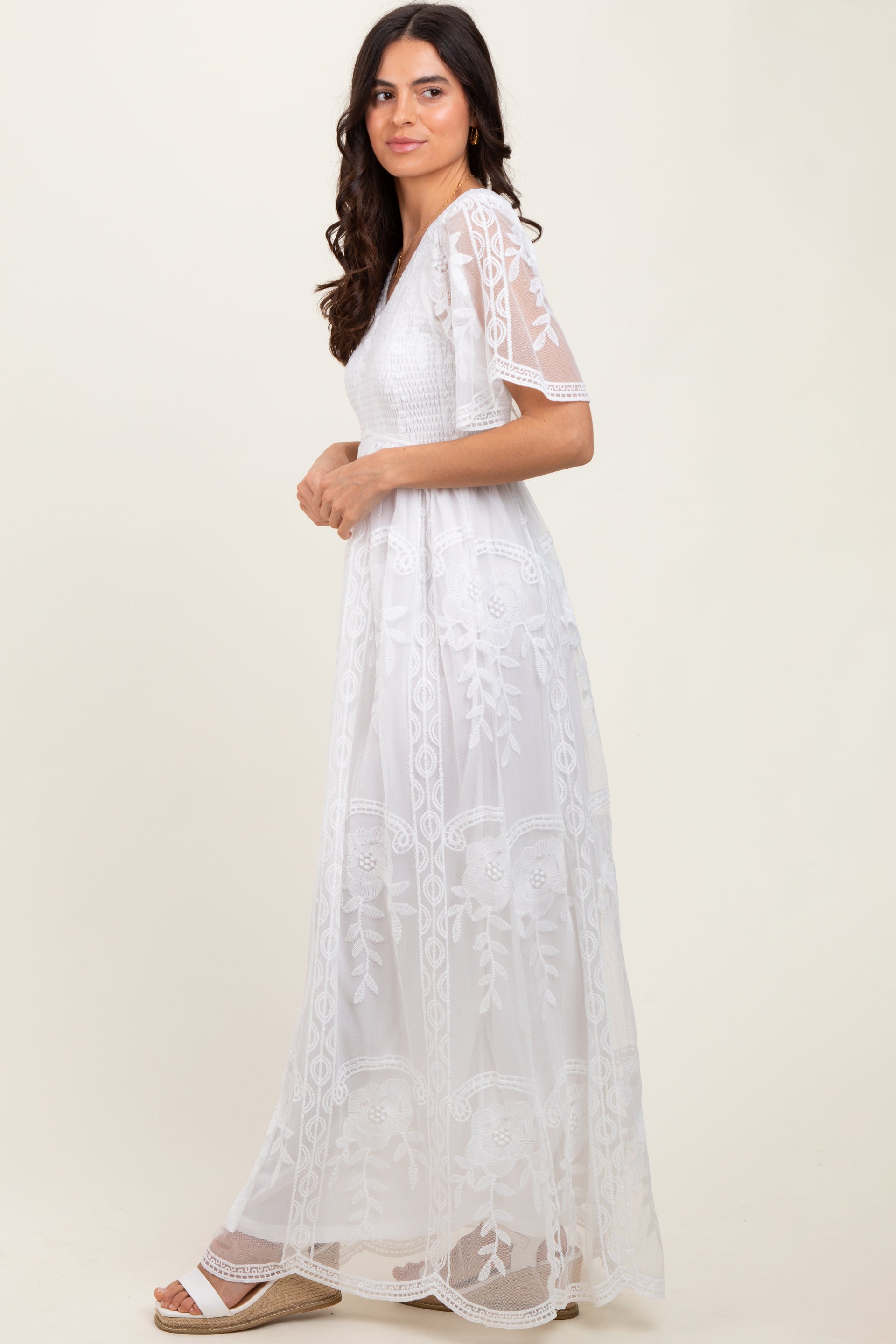 White Smocked Top Lace Maxi Dress with Flowy Silhouette
