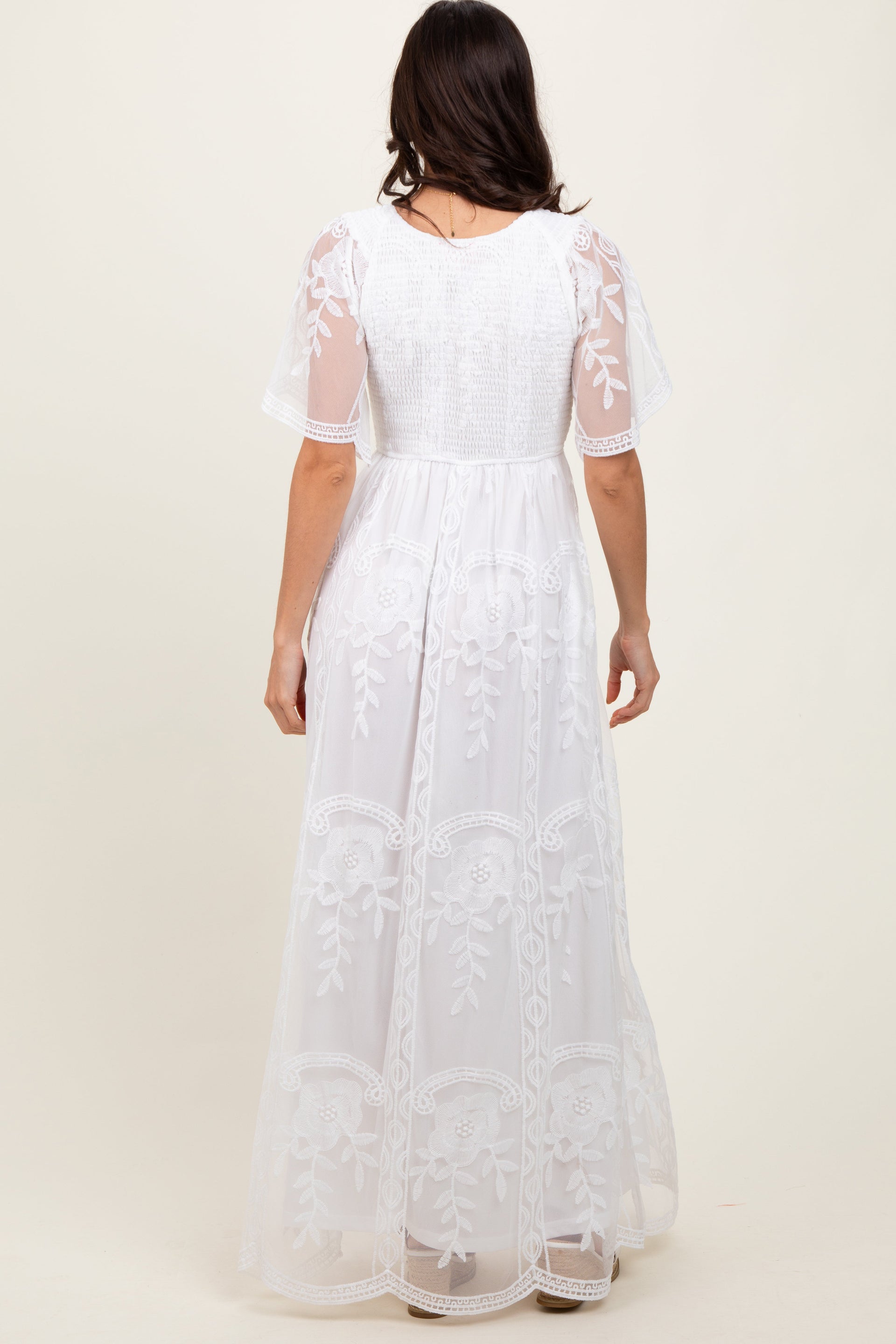 White Smocked Top Lace Maxi Dress with Flowy Silhouette