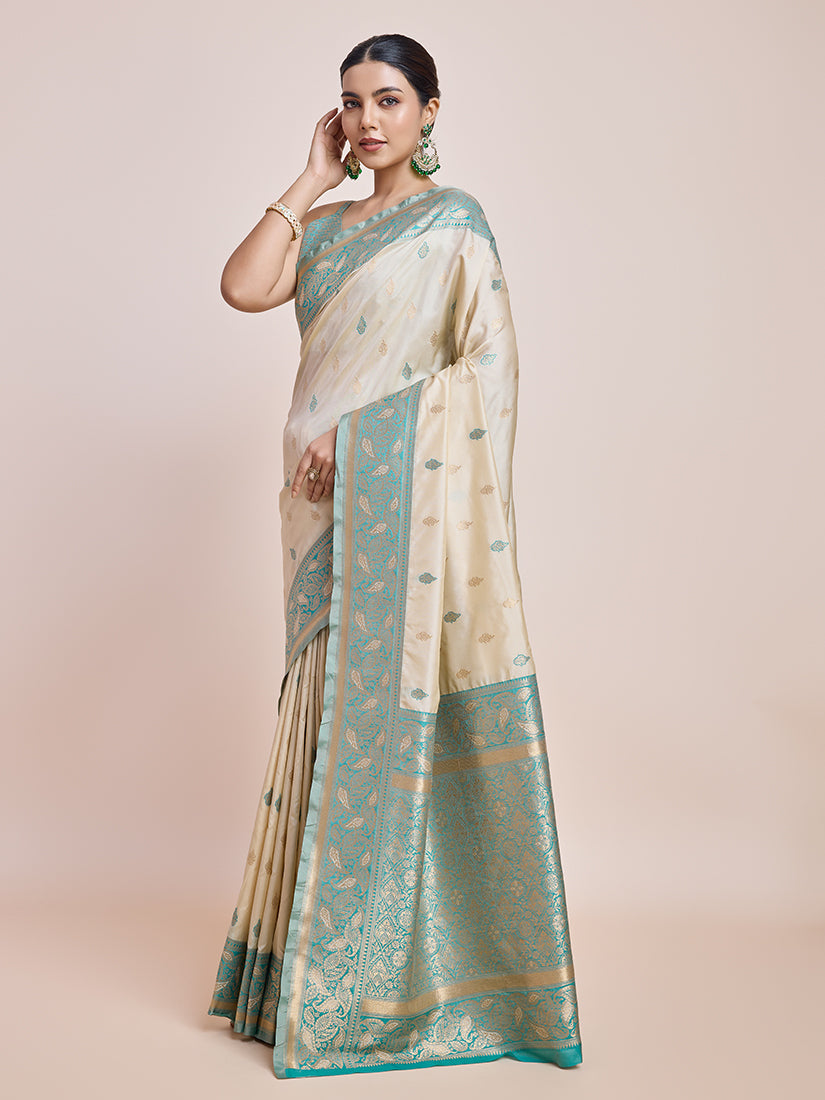Cream Banarasi Satin Silk Saree with Zari Woven Border