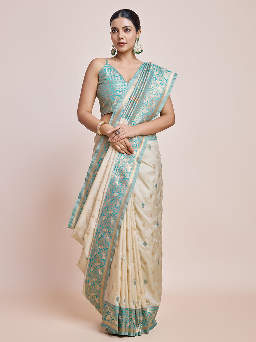 Cream Banarasi Satin Silk Saree with Zari Woven Border